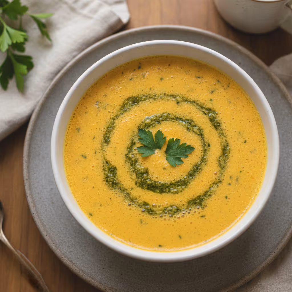 Aksamitna zupa krem z marchewki z pesto pietruszkowym, gotowe do podania