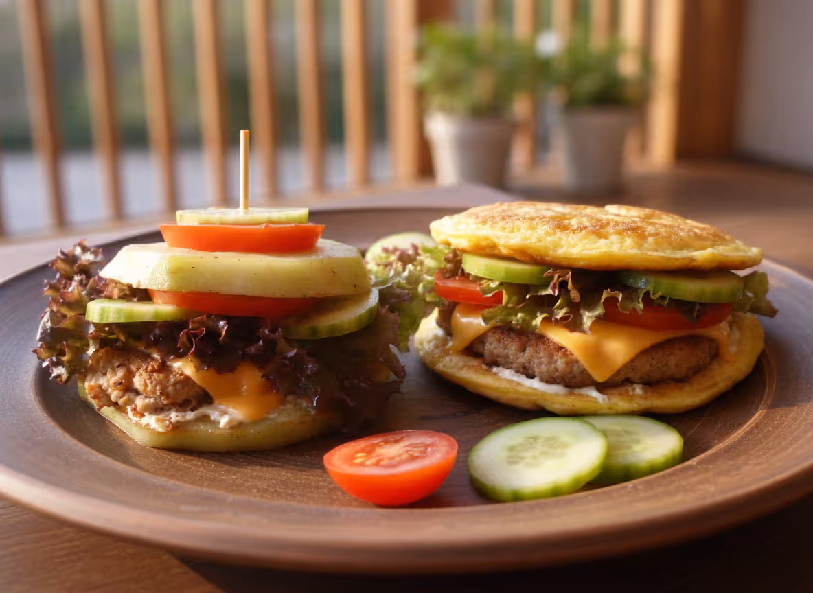 Burgery bez bułki: burger z kalarepy i burger z omletem, gotowe do podania