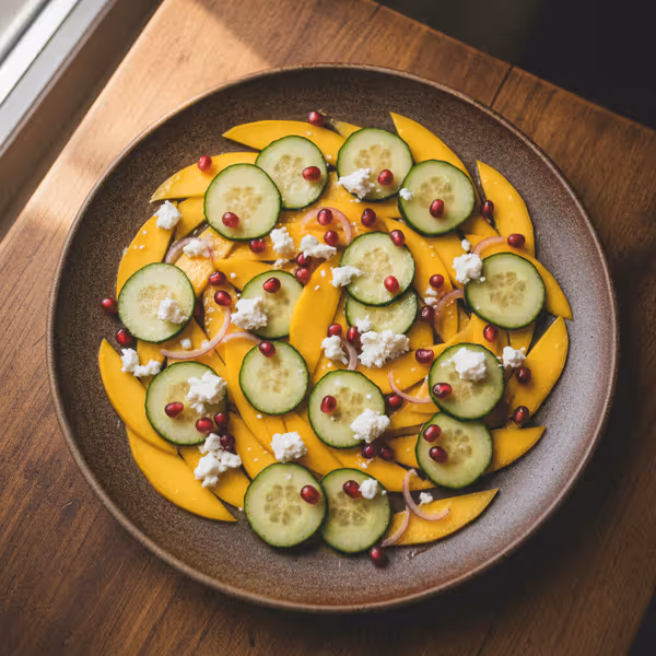 Carpaccio z mango i ogórka z serem feta i pestkami granatu