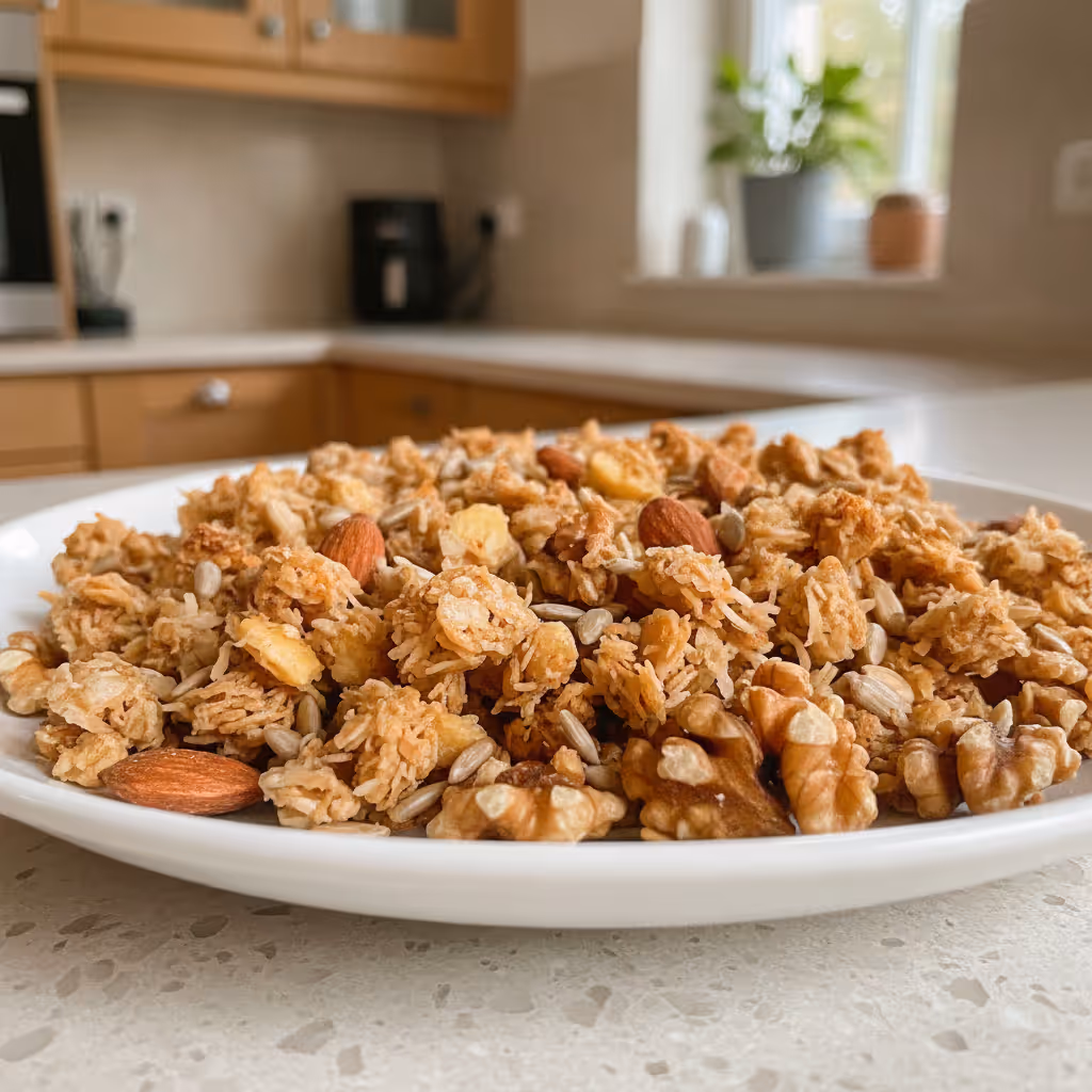 Chrupiąca granola kokosowa, gotowe do podania